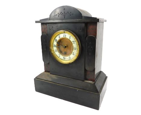 A Victorian slate mantel clock, circular brass dial, enamel chapter ring bearing Arabic numerals, thirty hour movement, the c
