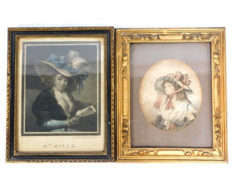 After G Englehert. Mrs Mills, coloured engraving, 34cm x 24cm, and an 18thC engraving of a portrait of a lady wearing a bonne