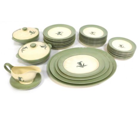 A Copeland Spode Olympus pattern pottery part dinner service, comprising two tureens and lids, four graduated meat plates, gr