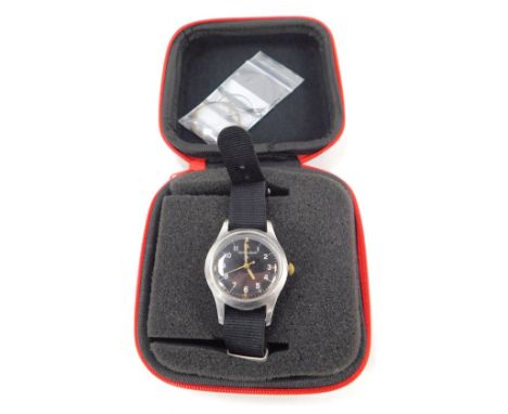 A vintage military Jaeger-LeCoultre gentleman's wristwatch, with a black enamel dial, with white and orange numbered markers,
