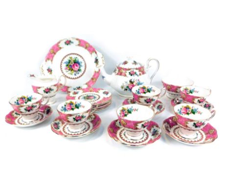 A Royal Albert Lady Carlyle pattern porcelain part tea service, comprising teapot, six cups and saucers, milk jug, sugar bowl