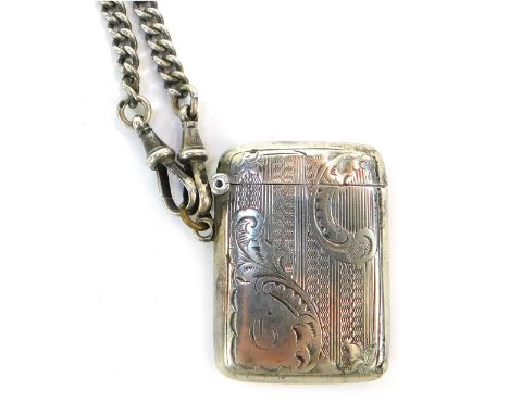 A Victorian silver vesta case, with engine turned and engraved rococo scroll decoration, reserve initial engraved, Birmingham
