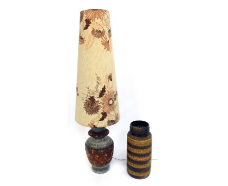 Two West German pottery items, comprising a brown ribbed and mottled vase, 48cm high, and a West German style table lamp on a
