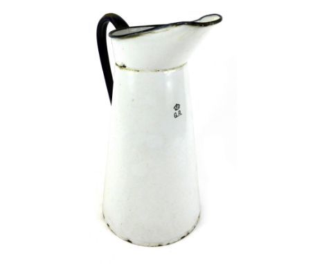 An early 20thC GR enamel water jug, on a white enamel ground with blue rim, stamped GR with crown, 36cm high.