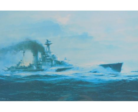 After Robert Taylor. The Last Moments of HMS Hood, limited edition print, first edition print signed by HMS Hood survivor Lie