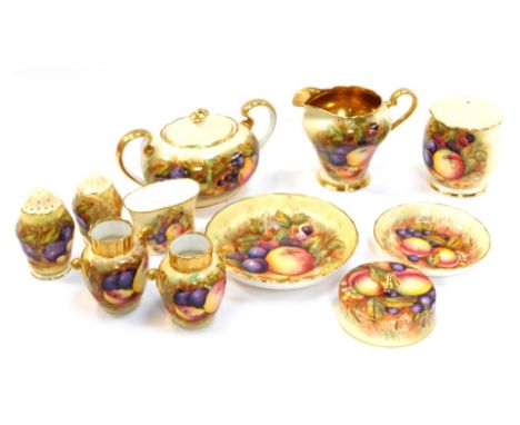 A group of Aynsley Orchard Gold pattern wares, all painted with fruit, comprising a twin handled sucrier, signed N Brunt, 11c