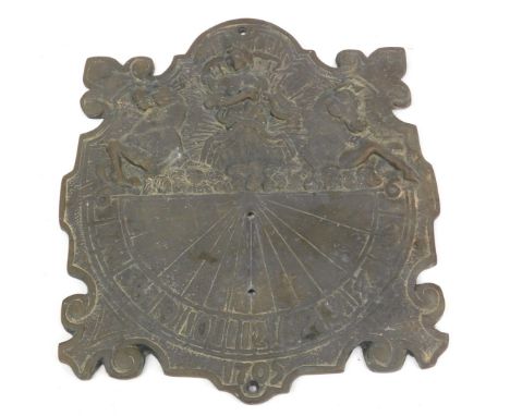 A 20thC cast iron sundial, raised with a figure of Apollo making his daily journey,&nbsp; on chariot drawn by horses, with Ar