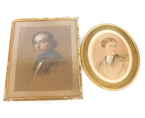 19thC School. Portrait of a gentleman, pastel, 65cm x 50cm (AF), and another similar oval pastel portrait (AF). 