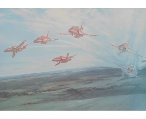 After Robert Taylor. The Red Arrows 1980, print, signed by Squadron Leader Brian Hoskins, 42cm x 51cm, framed and glazed. 