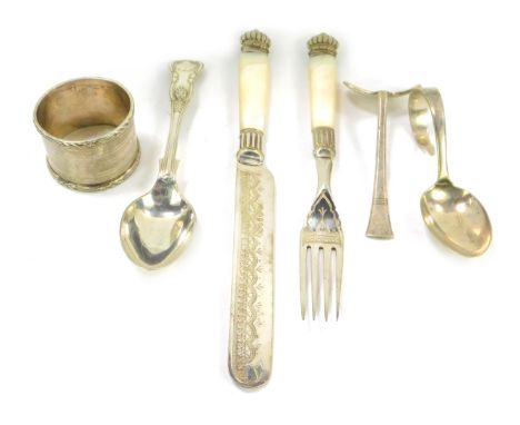 A Victorian silver plated knife, fork, and spoon set, with a King's pattern spoon, knife and fork with mother of pearl handle