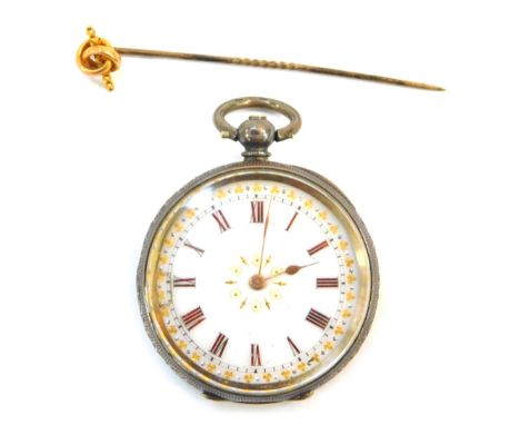 A Continental fob watch, white enamel Roman numeric dial with gold markers and gold hands, in an engraved silver case with va