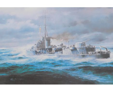 After Robert Taylor. HMS Kelly, signed print, 33cm x 53cm, framed and glazed. 