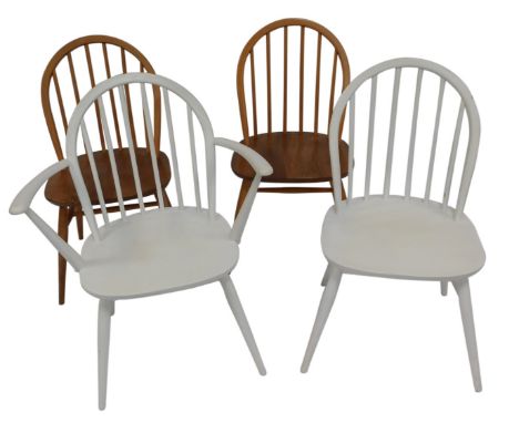A set of four Ercol ash and elm Windsor chairs, two painted white, comprising a carver and three single chairs.
