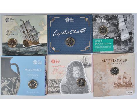 Coins - The Royal Mint - a collection of x6 Royal Mint presentation £2 coin sets. To include; Wedgwood, Samuel Pepys, Mayflow