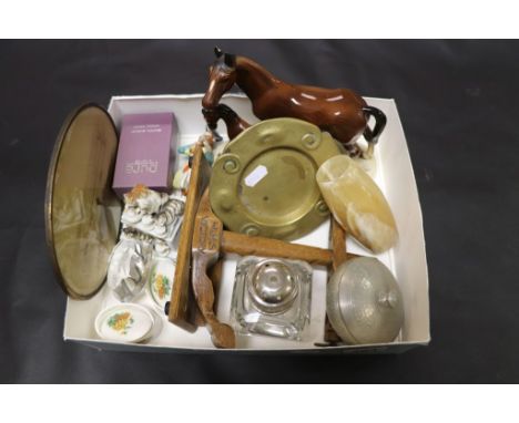 Box of mixed collectables including a pipe stand and a pewter trinket dish etc 