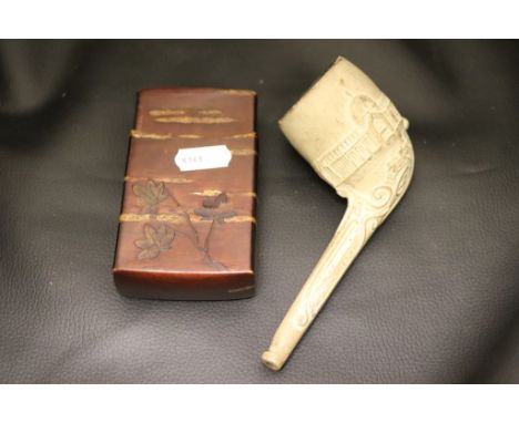 An oriental calling card case made from stained birch bark together with a  Victorian clay Great Exhibition Pipe