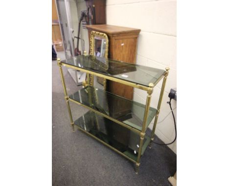 Contemporary Brass Three Tier Shelf Unit with Three Blue Glass Shelves