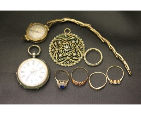 Four 9ct gold gem set and paste set rings (some stones missing) a small Gents pocket watch, a diamante pendant etc