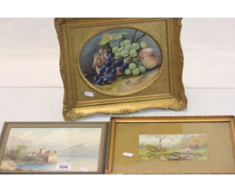Three vintage framed & glazed Watercolours to include a Girl crossing a bridge and a Still Life of fruit with Fly in the fore