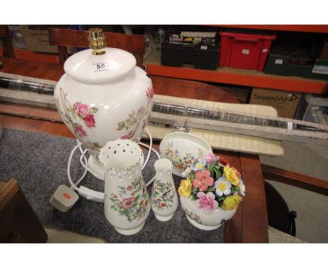 Aynsley ' Eliza Rose ' Table Lamp, Two Aynsley ' Pembroke ' Vases, Aynsley ' Cottage Garden ' Vase and Floral Crusted Ornamen