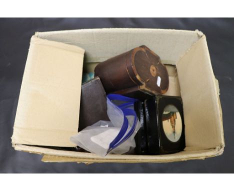 A box of collectables to include marbles, tea caddy (af) laquered hand painted trinket boxes etc 