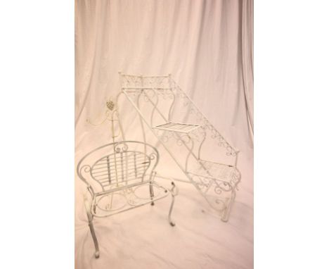 White Metal Garden Stepped Plant Stand, Chair Planter and a Plant Hanging Stand