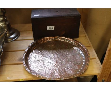 Hand beaten copper tray and vintage oak collection box