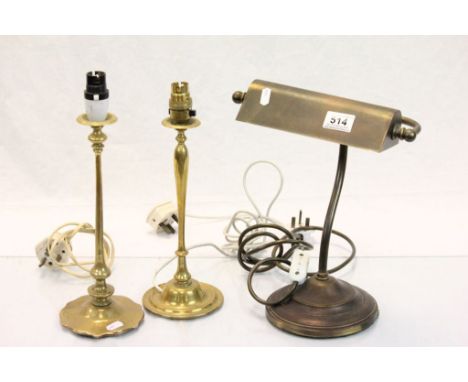 brass desk lamp with swivel head plus two vintage candlesticks, converted to electric