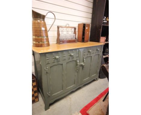 Ercol Oak Dresser Base / Side Cabinet with Stripped Top and Green Painted Base