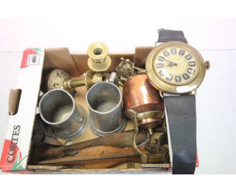 Polaris Oversized Wall Watch together Box of mixed collectables to include brass candlesticks,  vintage Ice Skates