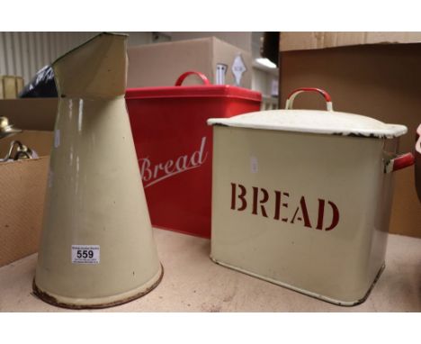 Two Enamel bread bins and an Enamel water jug
