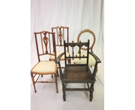 Pair of Early 20th century Mahogany Inlaid Bedroom Chairs together with Ercol Elbow Chair and Victorian Oval Back Chair