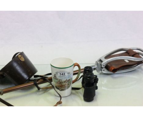 A shooting stick, a mug with Hunting theme by Copeland Spode and a cased pair of Zeiss 8 x 30 Binoculars