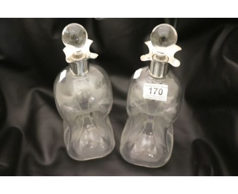 A pair of silver collar glass glug glug decanters, ovoid sand timer form, Birmingham William Hutton and Sons Lts, date letter