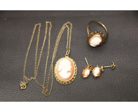 A cameo suite comprising of a 9ct gold ring, size P, 9ct gold earrings, and a 9ct gold pendant necklace and chain 