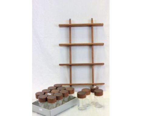 Danish wooden Spice rack with 16 original wooden topped glass jars, marked Digsmed Denmark C 1964