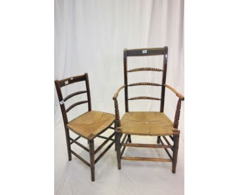 19th century Oak and Elm Country Elbow Chair, the ladder back with carved bobbin rails and string seat together with a matchi