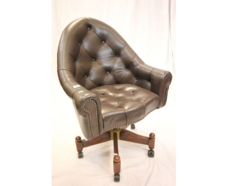Brown Leather Button Back Swivel Office Chair