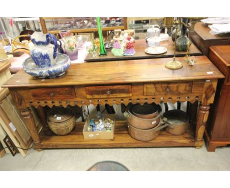 Hardwood Long Console Table with Three Drawers, circular pierced apron and shelf below
