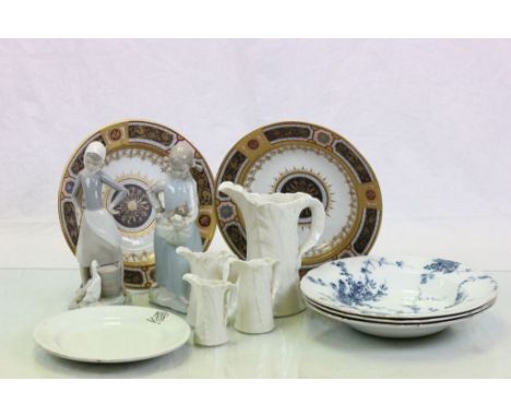 Box of vintage ceramics to include Lladro figurine, NER Dining Car plate, Worcester leaf jugs etc