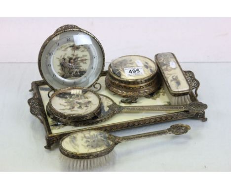 Vintage vanity set to include brushes, tray, pots and a clock, all with Oriental theme