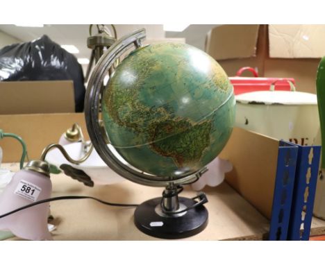 Two ceiling lamps with glass shades and a desk lamp in the form of a Globe