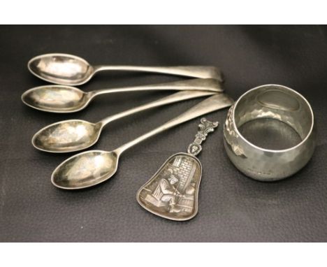 Four George V silver coffee spoons, Sheffield 1918 Cooper Brothers and Sons Ltd together with a hammered silver napkin ring S