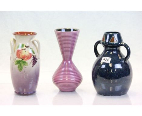 Three glazed pottery vases to include Torquay Ware and a large painted glass Fruit bowl