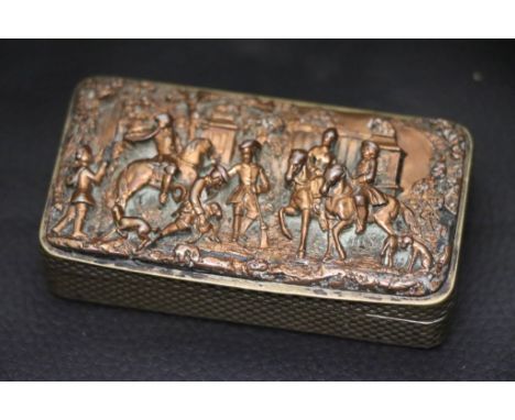 A hinged box and cover, the copper lid with cast hunting scene in relief, riders on horseback, hounds and rider blowing the h