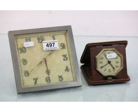 Art Deco style desk clock and a leather cased travel clock from the same era