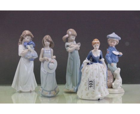 A Lladro figure of a girl with two kittens and another Lladro figure of a girl clutching a hat, Royal Doulton Alison figurine