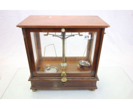 Mahogany cased set of Chemist scientific balance scales with glazed panels and box of weights