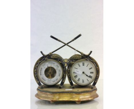 Vintage Silver plated Clock & Barometer combination with Hunting theme and wooden stand