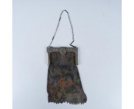 Original 1930s Whiting &amp; Davis Art Deco painted mesh evening bag featuring a splendid frame with blue and pink enamel acc
